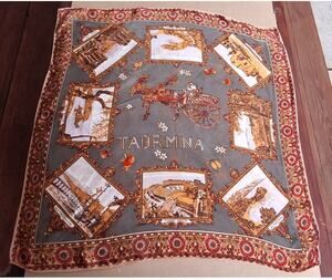 Vintage Square Souvenir Scarf from Taormina, Sicily Italy  Green Red Gold 25x25